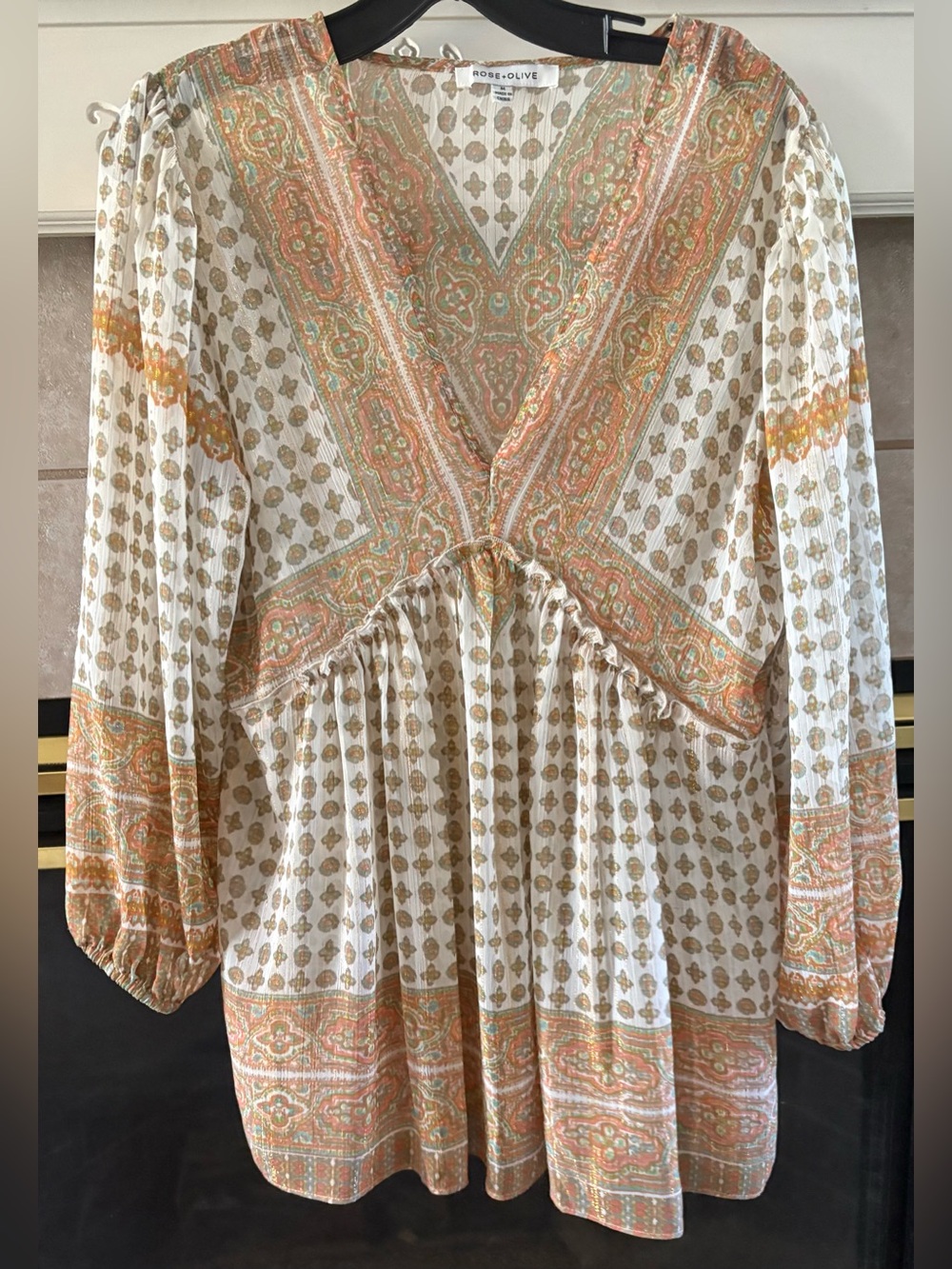 Rose & Olive Ivory Paisley V-Neck Peasant Tunic with Orange Accents